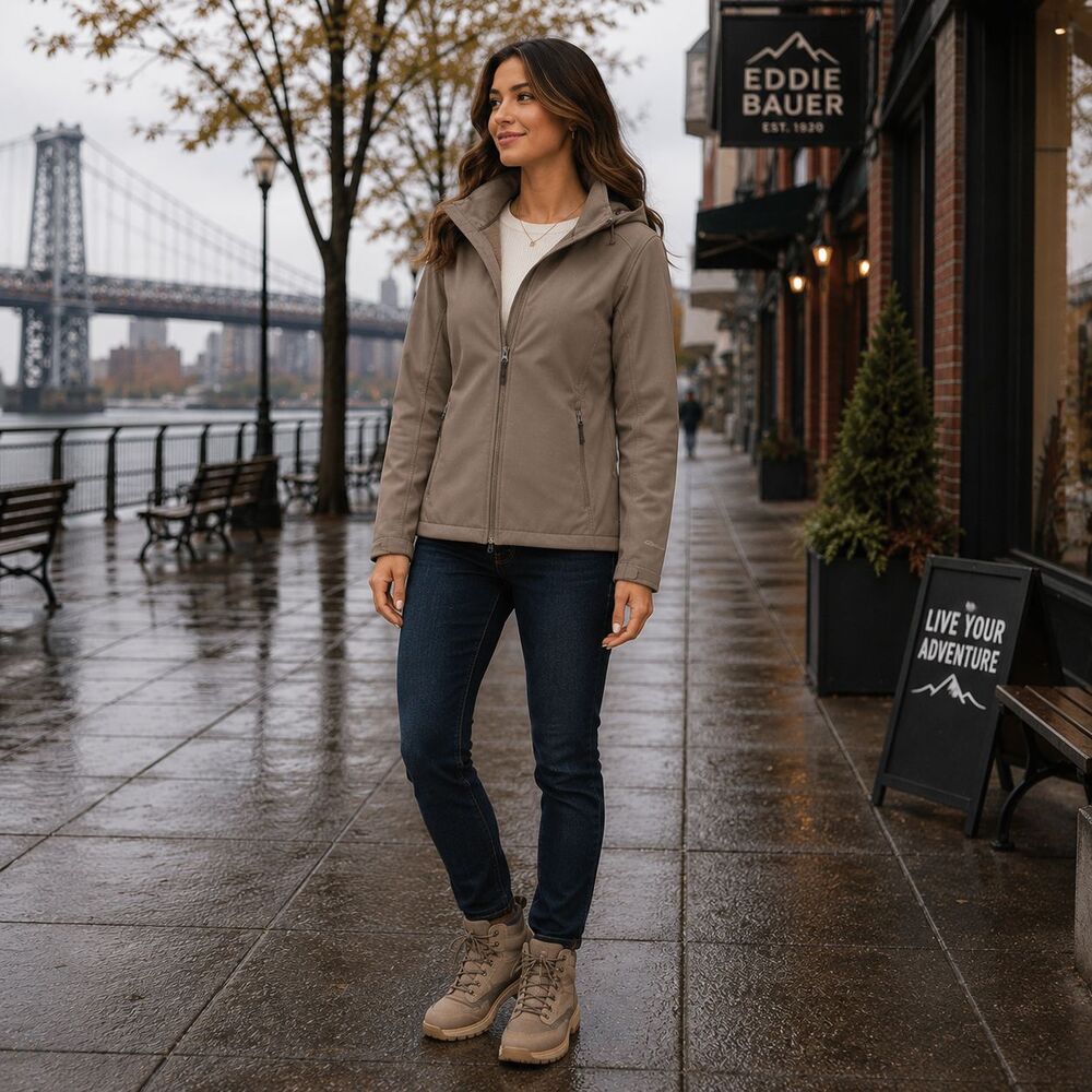 EDDIE BAUER Womens Jacket Hooded XL Softshell Fleece Lined Taupe‎ 23512180
